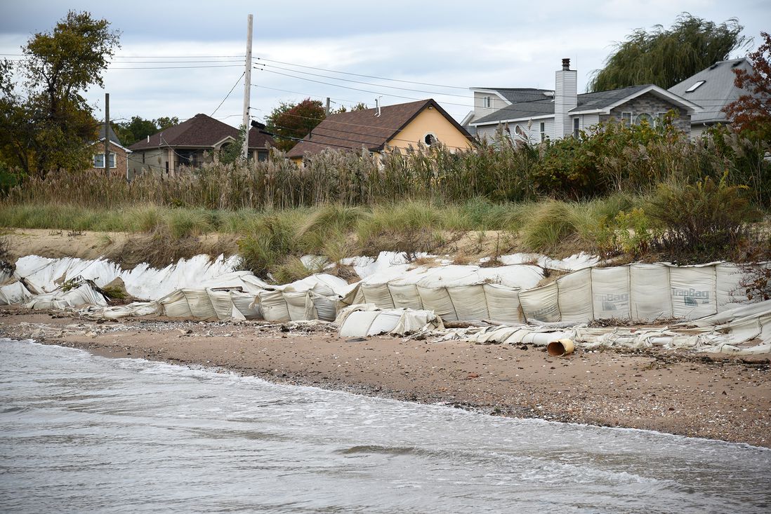 A collapsing row of TrapBags, which have been worn down by years of waves. The coast of Tottenville is badly eroded, October 27th, 2021.